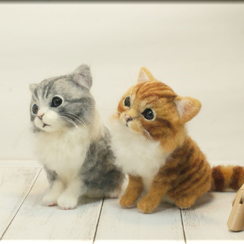 ねこ 茶白 羊毛フェルト 羊毛フェルト 猫 茶白 子猫 仔猫 置物 羊毛フェルト Pomemal 通販