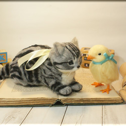 羊毛フェルト　猫　鳥　アメリカンショートヘアの子猫　と　ヒヨコ　猫フィギュア　鳥フィギュア　アメショー 5枚目の画像
