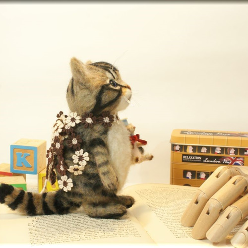 羊毛フェルト猫 キジ猫 ぬいぐるみ リアル猫 キジトラ 手作りキット 羊毛フェルト手芸 ねこ