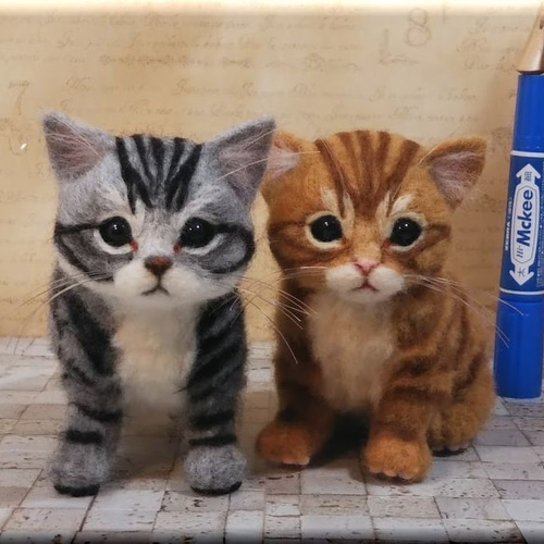 羊毛フェルト 猫 仲良し子猫ちゃん 茶トラ猫とサバトラ猫 茶トラ