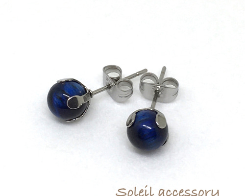 611【ブルータイガーアイ】天然石一粒ピアス＊6mm ピアス（スタッド