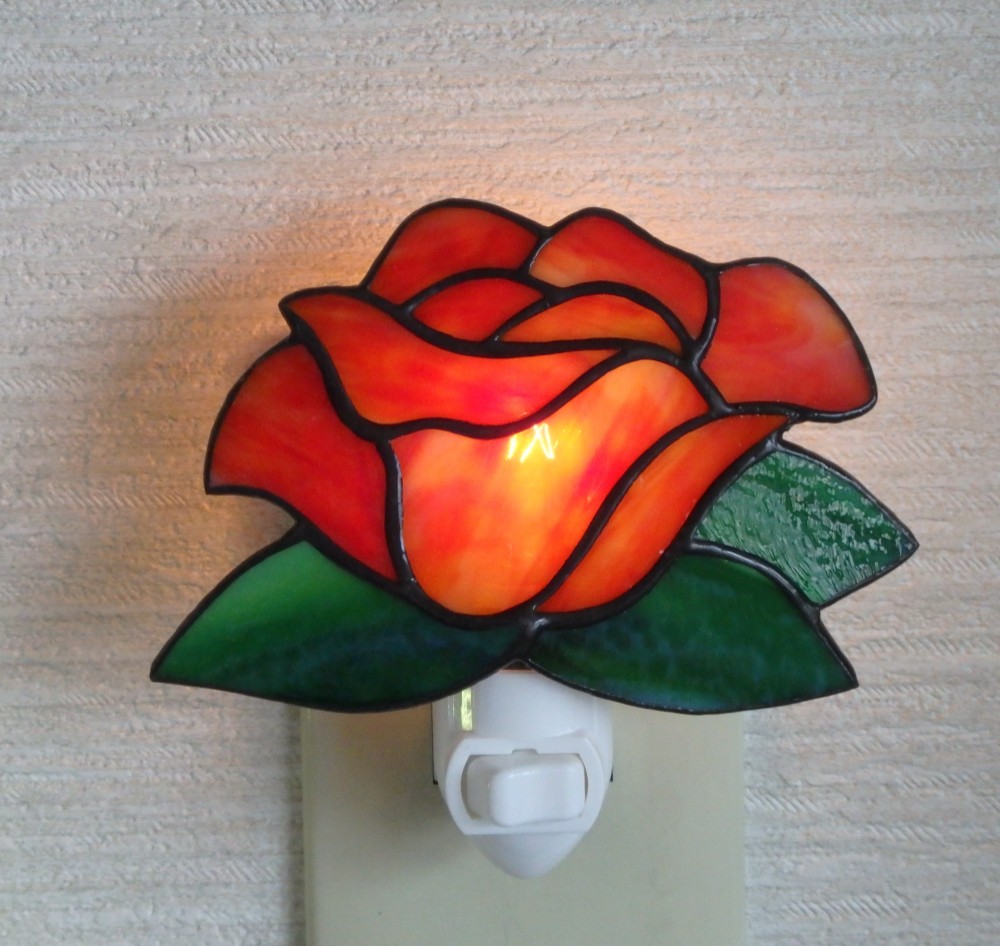 ステンドグラス☆赤い薔薇のお休みランプ