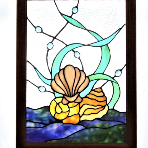 月と海　壁かけ鏡　ステンドグラス 月と海壁かけ鏡ステンドグラス