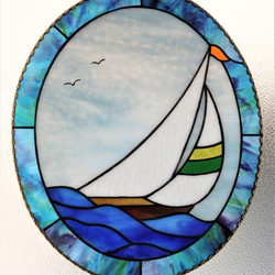 ステンドグラスのヨットのパネル　(壁掛けタイプ) 2枚目の画像