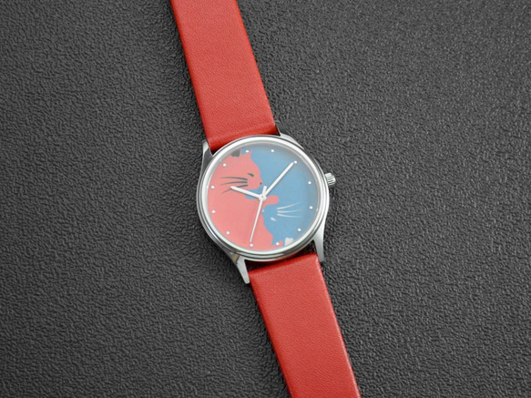陰陽貓手錶 雙色 紅錶帶 中性設計 全球免運 第4張的照片