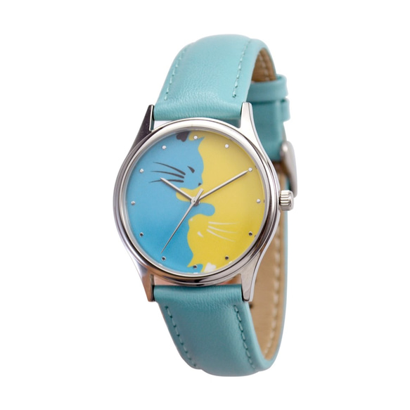 陰陽貓手錶 黃/藍 藍錶帶  中性設計 全球免運 第1張的照片