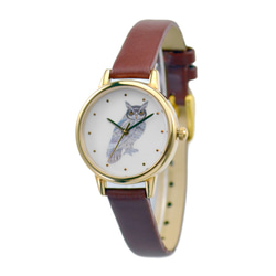 彩色貓頭鷹手錶 金殼 啡色帶 女錶 全球免運 第1張的照片