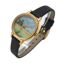 nameless 風景畫 金色手錶 黑色錶帶 女裝手錶 全球免運 送料無料 第3張的照片