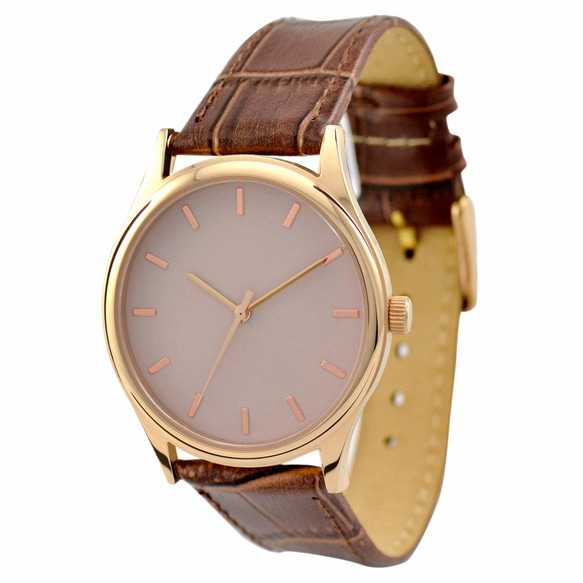 玫瑰金 (米色面) 手錶 配啡色皮帶 - 男女兼用 - 全球免運 第1張的照片
