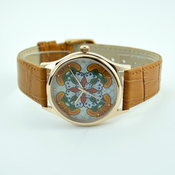 藝術磁磚花紋手錶 玫瑰金殼 - 全球免運費 第5張的照片