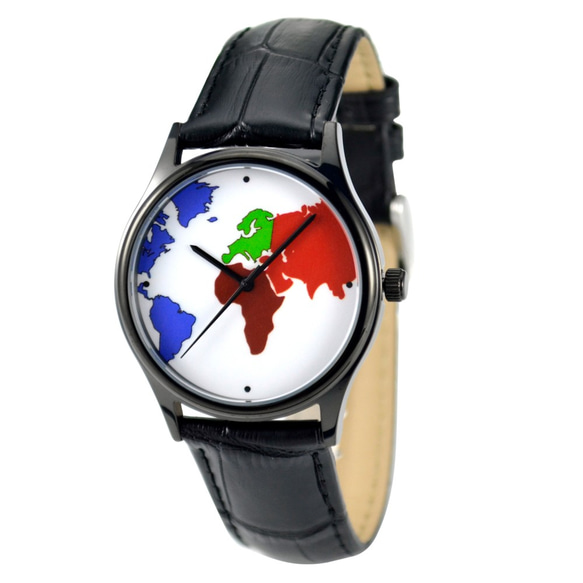 彩色世界地圖手錶 黑殼 - 男女兼用 - 全球免運 第1張的照片