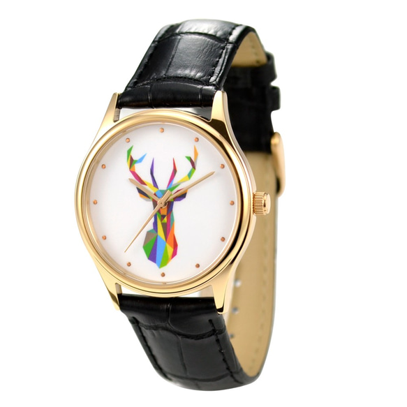 赤鹿のイラスト時計と組み合わせた、私は世界的に無料に出荷私の男性ゴールドケースローズ 1枚目の画像