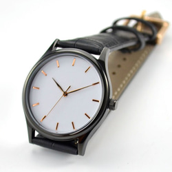 黑色簡約手錶-玫瑰金釘-白面-全球免運 第3張的照片