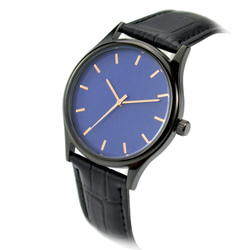 黑色簡約手錶-玫瑰金釘-藍面-全球免運 第2張的照片