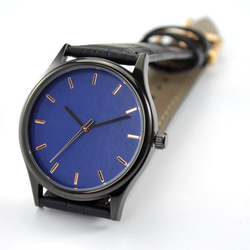 黑色簡約手錶-玫瑰金釘-藍面-全球免運 第3張的照片