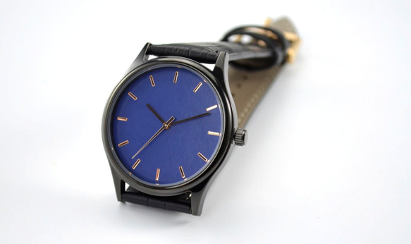 黑色簡約手錶-玫瑰金釘-藍面-全球免運 第3張的照片