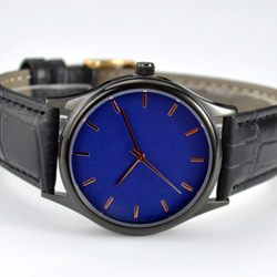 黑色簡約手錶-玫瑰金釘-藍面-全球免運 第4張的照片
