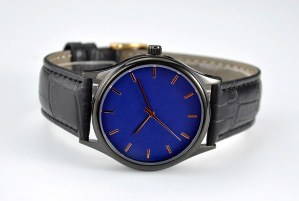 黑色簡約手錶-玫瑰金釘-藍面-全球免運 第4張的照片