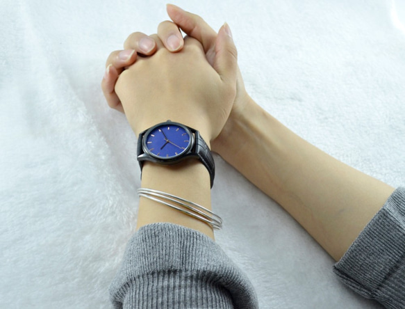 黑色簡約手錶-玫瑰金釘-藍面-全球免運 第6張的照片