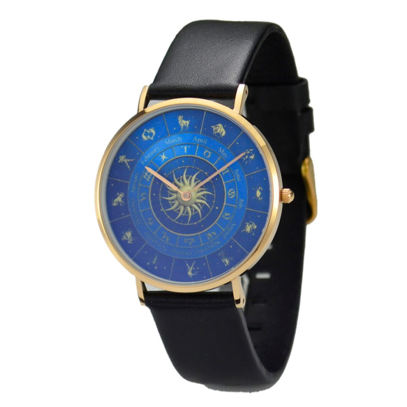 經典簡約 12星座盤手錶  (太陽紋) 玫瑰金 藍面 - 中性 - 全球免運費 第1張的照片