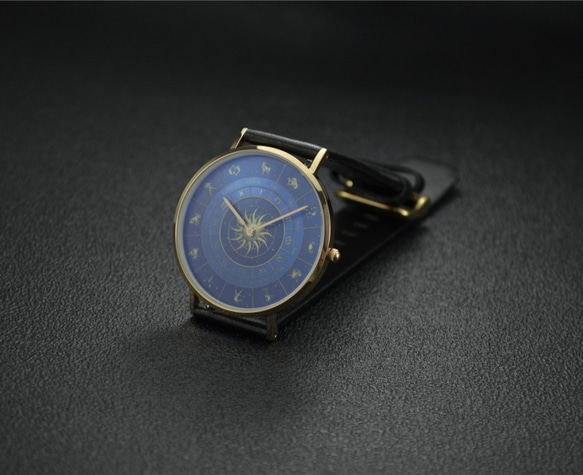 經典簡約 12星座盤手錶  (太陽紋) 玫瑰金 藍面 - 中性 - 全球免運費 第5張的照片