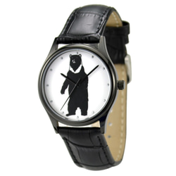 動物 (黑熊直立) 插畫手錶 白色皮帶 中性設計 全球免運 第1張的照片