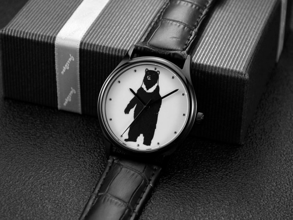 動物 (黑熊直立) 插畫手錶 白色皮帶 中性設計 全球免運 第5張的照片
