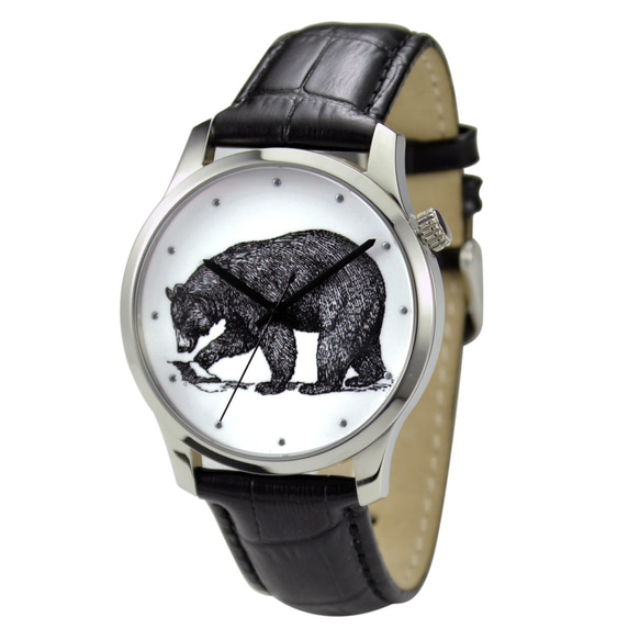 動物（ブラッククマ）イラスト腕時計ラージシルバーシェルニュートラルデザイングローバル送料無料 1枚目の画像