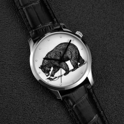 動物（ブラッククマ）イラスト腕時計ラージシルバーシェルニュートラルデザイングローバル送料無料 3枚目の画像