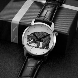 動物 (黑熊 ) 插畫手錶 大裝銀色殼 中性設計 全球免運 第5張的照片