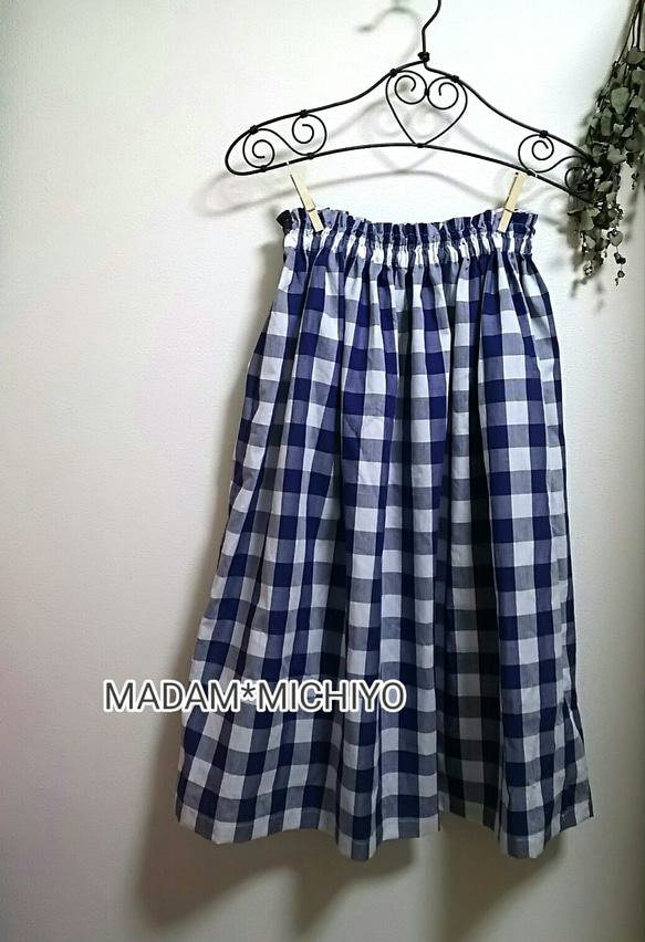 #爽やかブルーの綿ブロックチェック  ギャザースカート(オーバースカート)播州織物 2枚目の画像