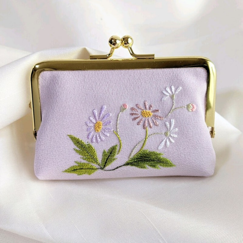 ☆心和やか☆〜黄昏の野の花〜日本刺繍 がま口 藤袴色に紫苑 がま口