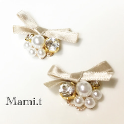 《Mami.t》サテンベージュのリボン♡ピアス 1枚目の画像