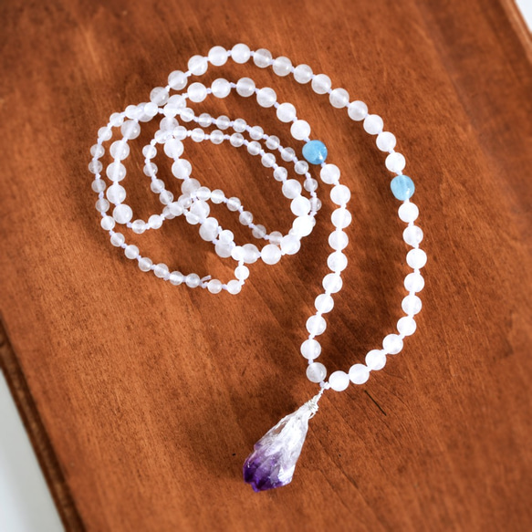 手製天然紫水晶墮子配白玉和海藍寶珠長項鍊，天然寶石 第1張的照片