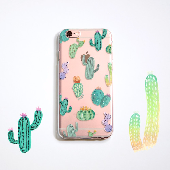 水彩風微浮雕 仙人掌圖案手機殼 // Phone Case 第1張的照片