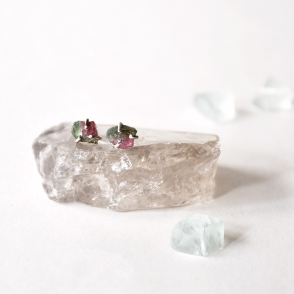手製天然西瓜色電氣石(碧璽)耳釘耳環，天然寶石 // 十月份生日石 第1張的照片