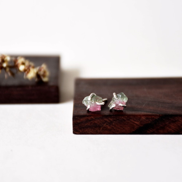 手製天然西瓜色電氣石(碧璽)耳釘耳環，天然寶石 // 十月份生日石 第3張的照片