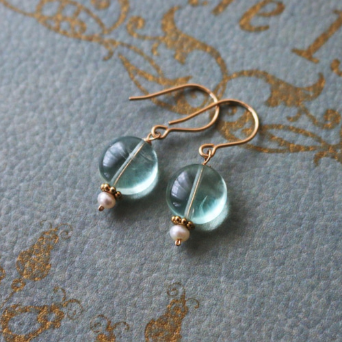 ◇K14gf,グリーンフローライト,淡水パール,シンプル,ピアス,イヤリング 