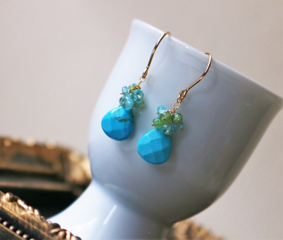 14kgf 大小マグネサイトターコイズ ピアス イヤリング チャーム k14gf ◇K14gf マグネサイトターコイズ アパタイト グリーントルマリン