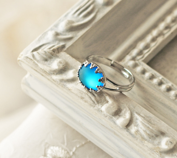 ◆捷克復古玻璃，Matt Helio藍色，皇冠戒指，復古，S，再次上架 第5張的照片