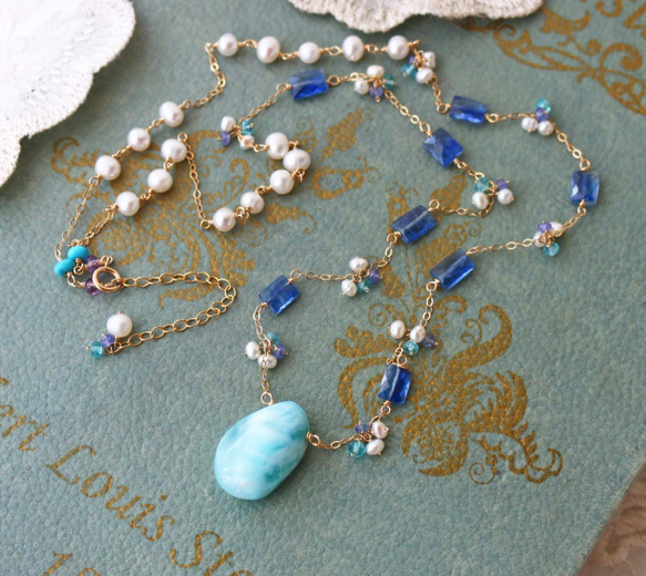 ◆K14gf，拉里默，藍晶石，淡水珍珠，磷灰石，N，一個點產品 第3張的照片