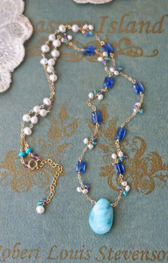 ◆K14gf，拉里默，藍晶石，淡水珍珠，磷灰石，N，一個點產品 第7張的照片