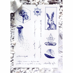LAZY DUO { 組合03 } 手繪剌青紋身貼紙 藍 兔 玫瑰 甲蟲 禮品 箭 簡約 精靈  曼陀羅 月亮 水母 心 第1張的照片