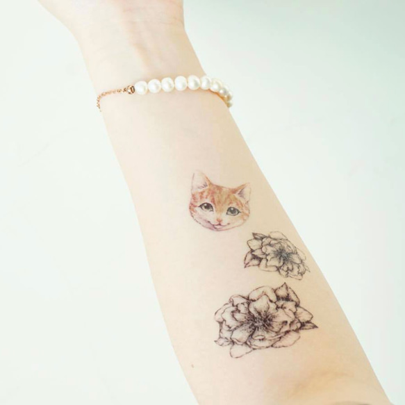 LAZY DUO TATOO J07 灰 黑 花園 天空 水彩 手繪紋身貼紙 唯美 寵物 庭園 動物 猫 狗 刺青 可愛 第2張的照片