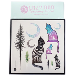 LAZY DUO 貼るTATOO 一時的な入れ墨 タトゥーステッカー 水彩 ペット 月 樹 草木 綺麗 猫 犬 可愛い 1枚目の画像