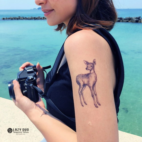 LAZY DUO TATOO J01 Bambi 水彩 手繪紋身貼紙 唯美 動物 鹿 deer 花 草 可愛 月 pet 第3張的照片