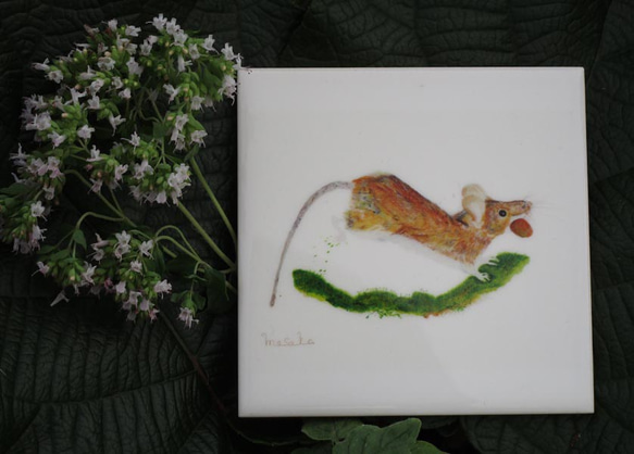 オリジナルタイル　森の動物達　３枚セット　フクロウ　リス　ネズミ　　9.7×9.7×0.4(cm)　 5枚目の画像