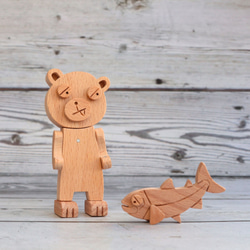 手工木製磁合擺設 木質模型  熊與魚 禮物訂製 第3張的照片