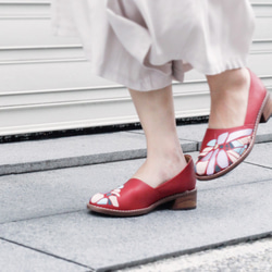 刺繍されたハンドメイドローヒールの靴 - カットアウトシューズ - ブルゴーニュ（新製品） 2枚目の画像