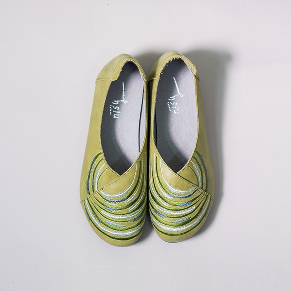 刺繍入り手作りフラット婦人靴-Gan Lezhong (グラスグリーン) 3枚目の画像